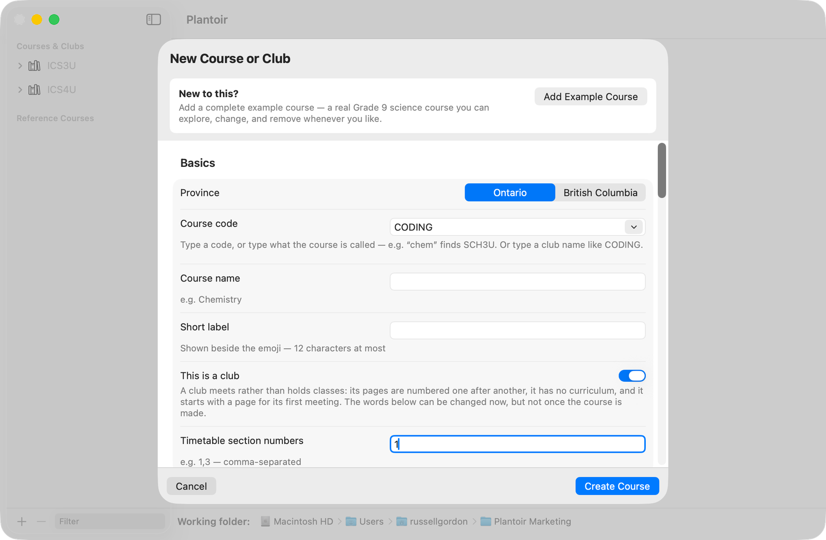 The New Course or Club panel with CODING entered and 