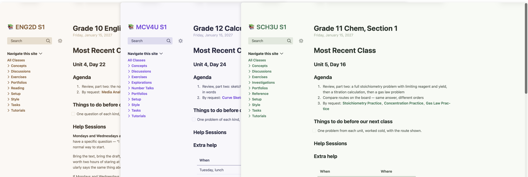 Three class websites overlapping like a fanned deck of cards, each in a different colour scheme and typeface.