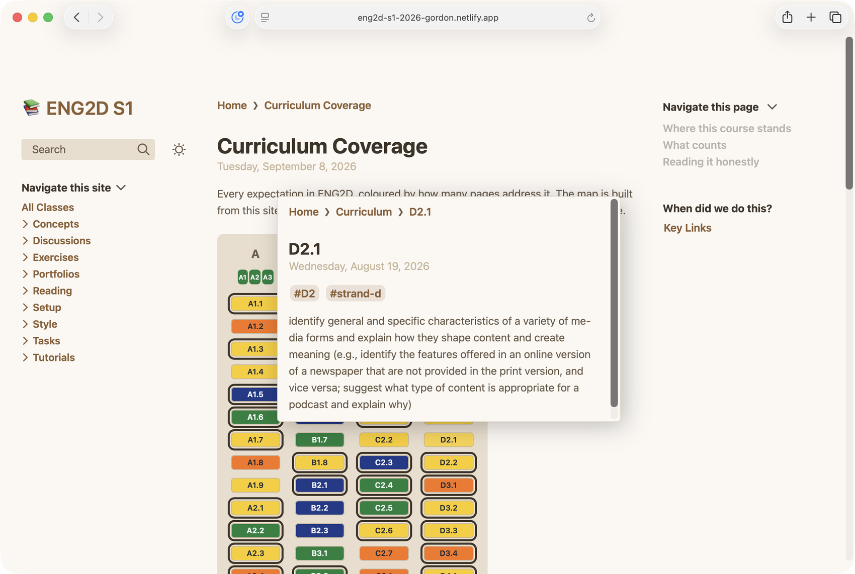 A grid of every curriculum expectation in a course, each square shaded by how many pages address it, with pale squares showing the gaps.