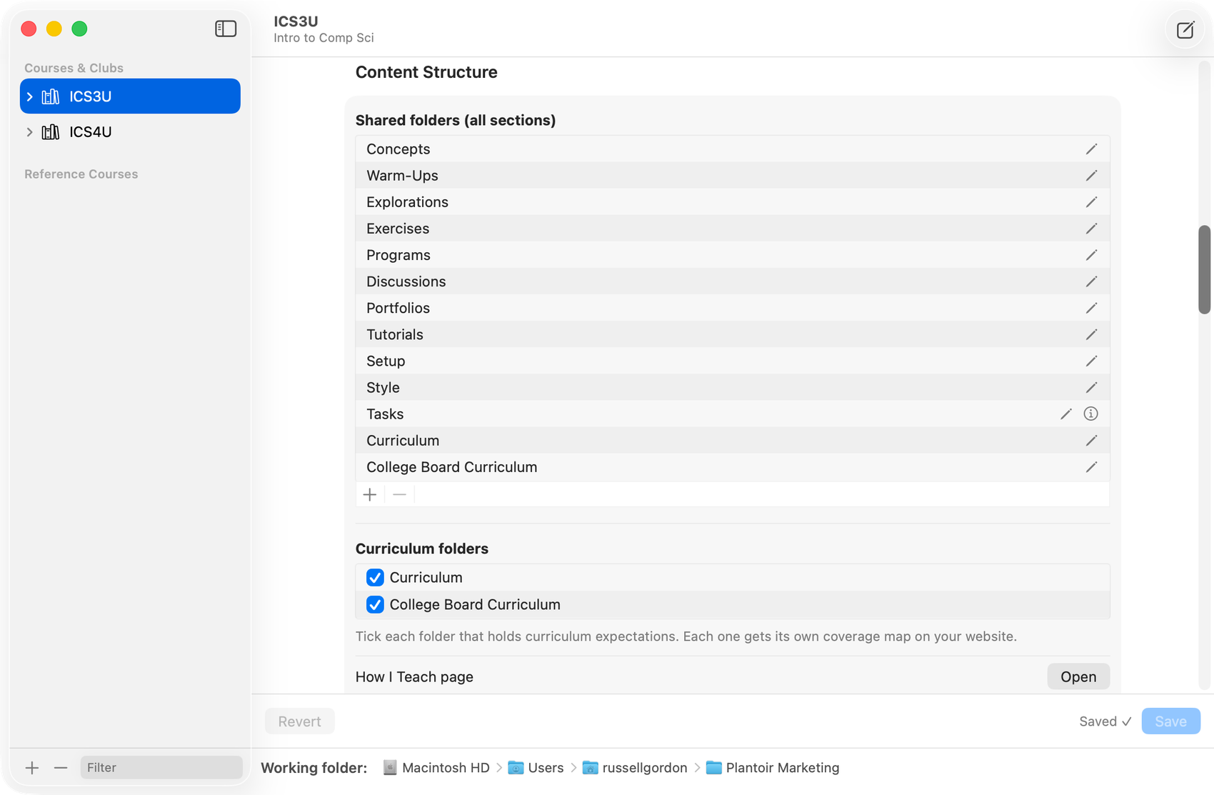 ICS3U's Course Settings with both the Curriculum folder and the College Board Curriculum folder ticked as curricula.