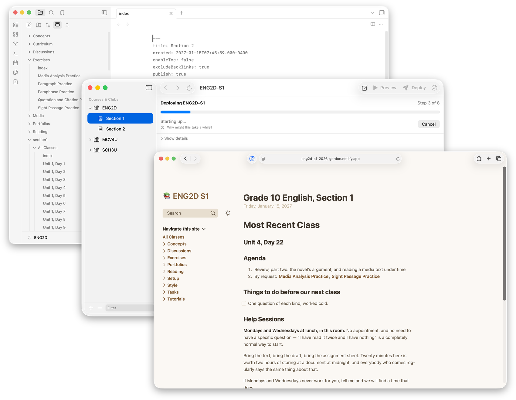 Three overlapping windows in a diagonal cascade: Markdown notes in Obsidian on the left, Plantoir deploying the site in the middle, and the finished class website in Safari on the right.