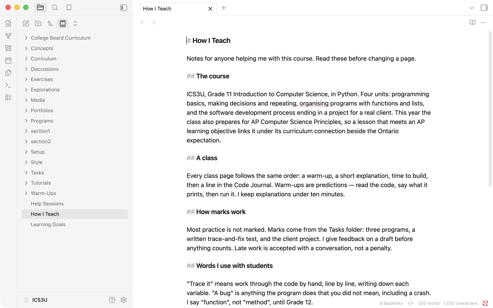 Obsidian open on ICS3U's How I Teach page: short notes on units, assessment and classroom routines.