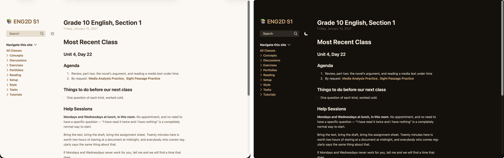 The same class website twice, side by side: once in a light colour scheme and once in a dark one.