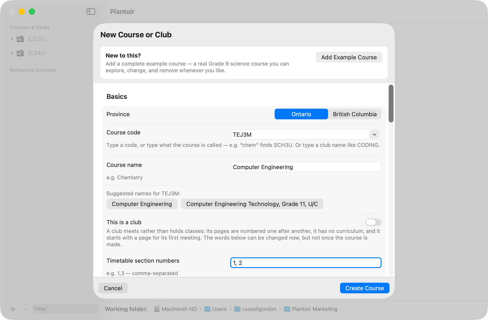 The New Course panel with TEJ3M entered and its suggested course names offered beneath.