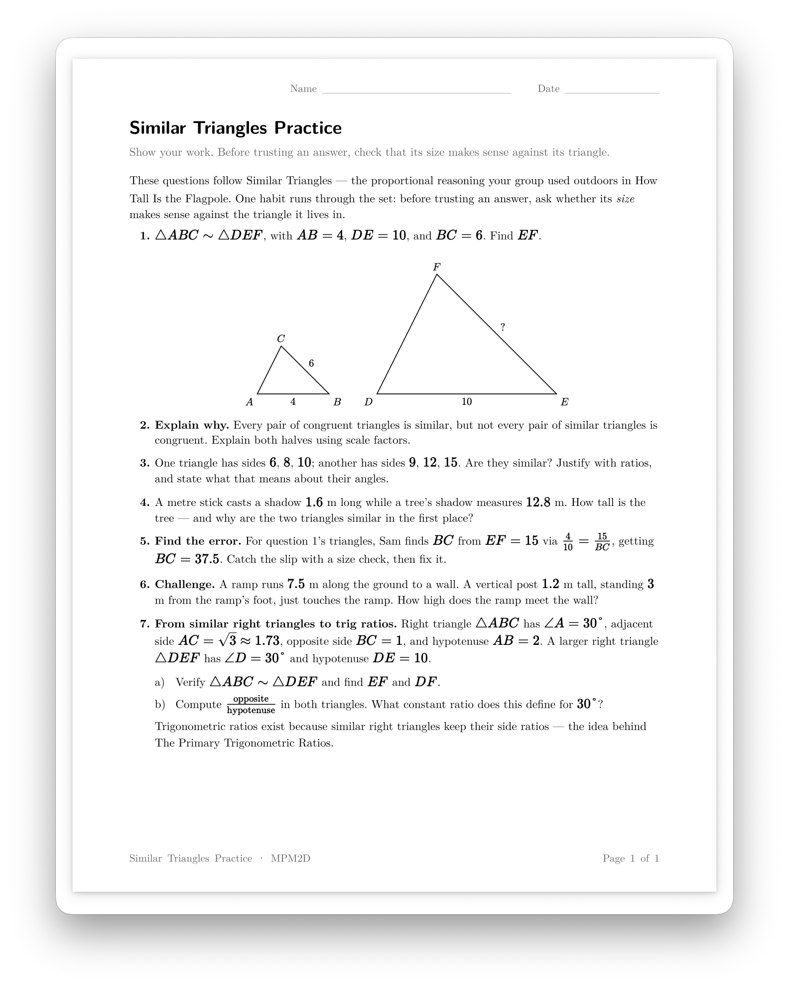 The same worksheet printed: a typeset handout with a name and date line, numbered questions, the triangle diagram in black on white, lettered parts, and Page 1 of 1 in the footer.