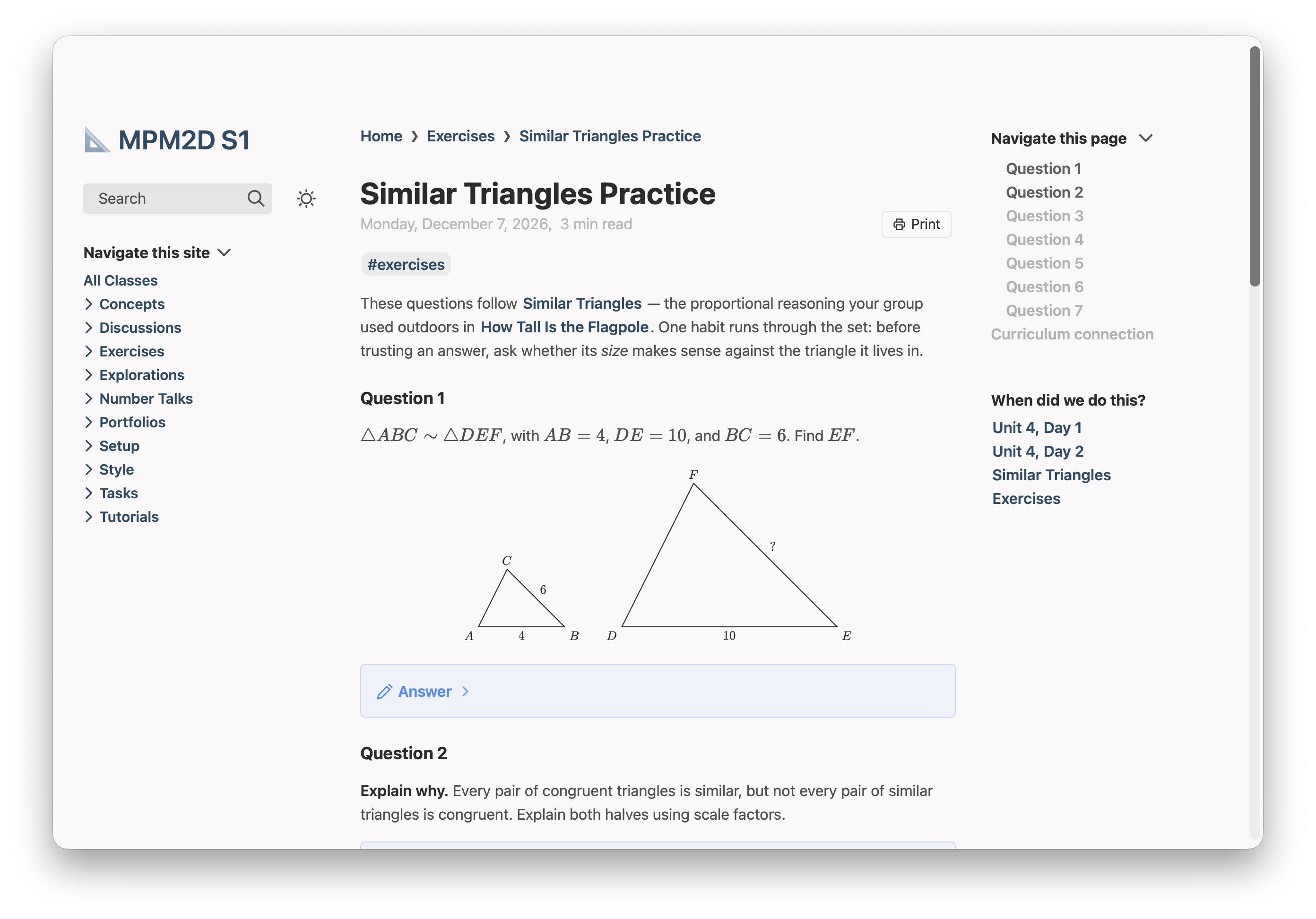 A Grade 10 mathematics worksheet on a class website: typeset equations, a diagram of two similar triangles drawn from the notes, folded answers, and a Print button beside the date.