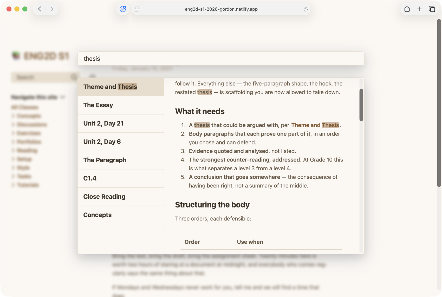 A search panel open over a class website, listing matching pages with the search term highlighted in context.