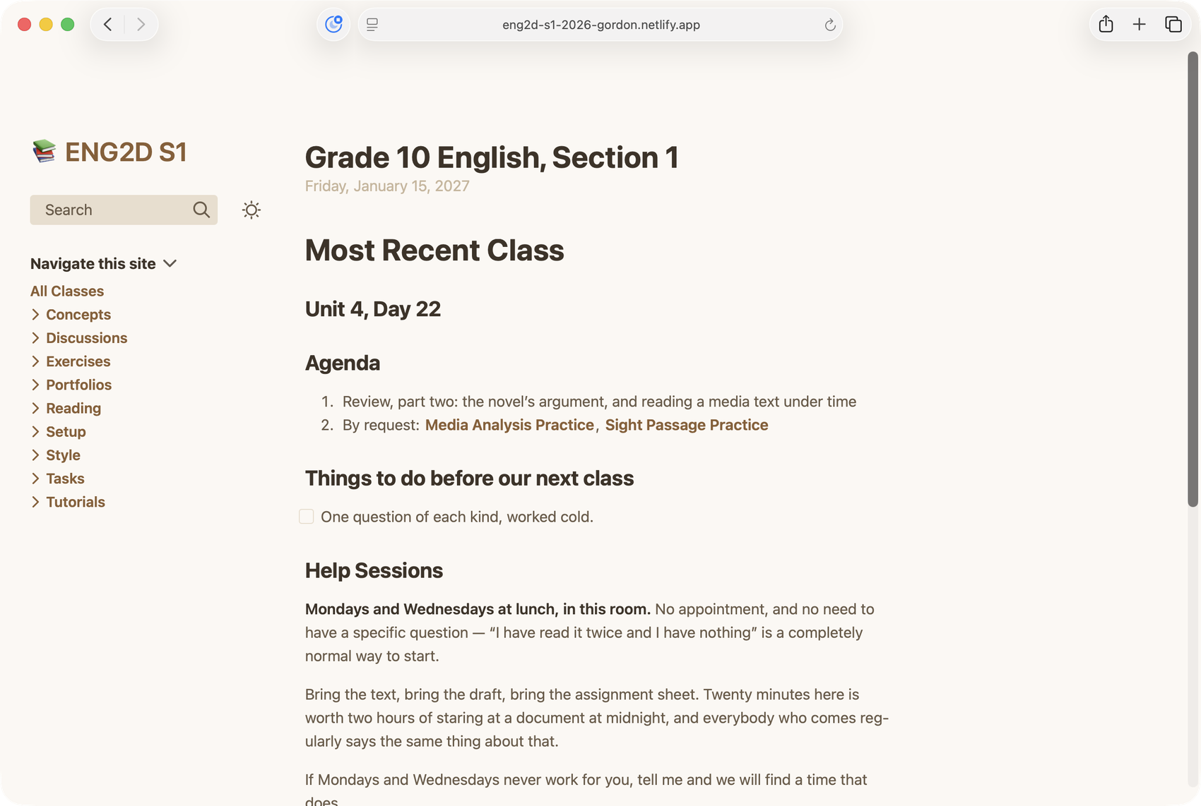A Grade 10 English class website in a browser, with a navigation sidebar, a search field and a page of class notes.