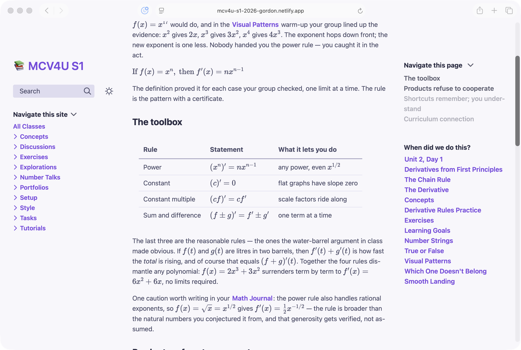 A Grade 12 Calculus and Vectors page opening with typeset mathematics: a displayed definition and a table of derivative rules.