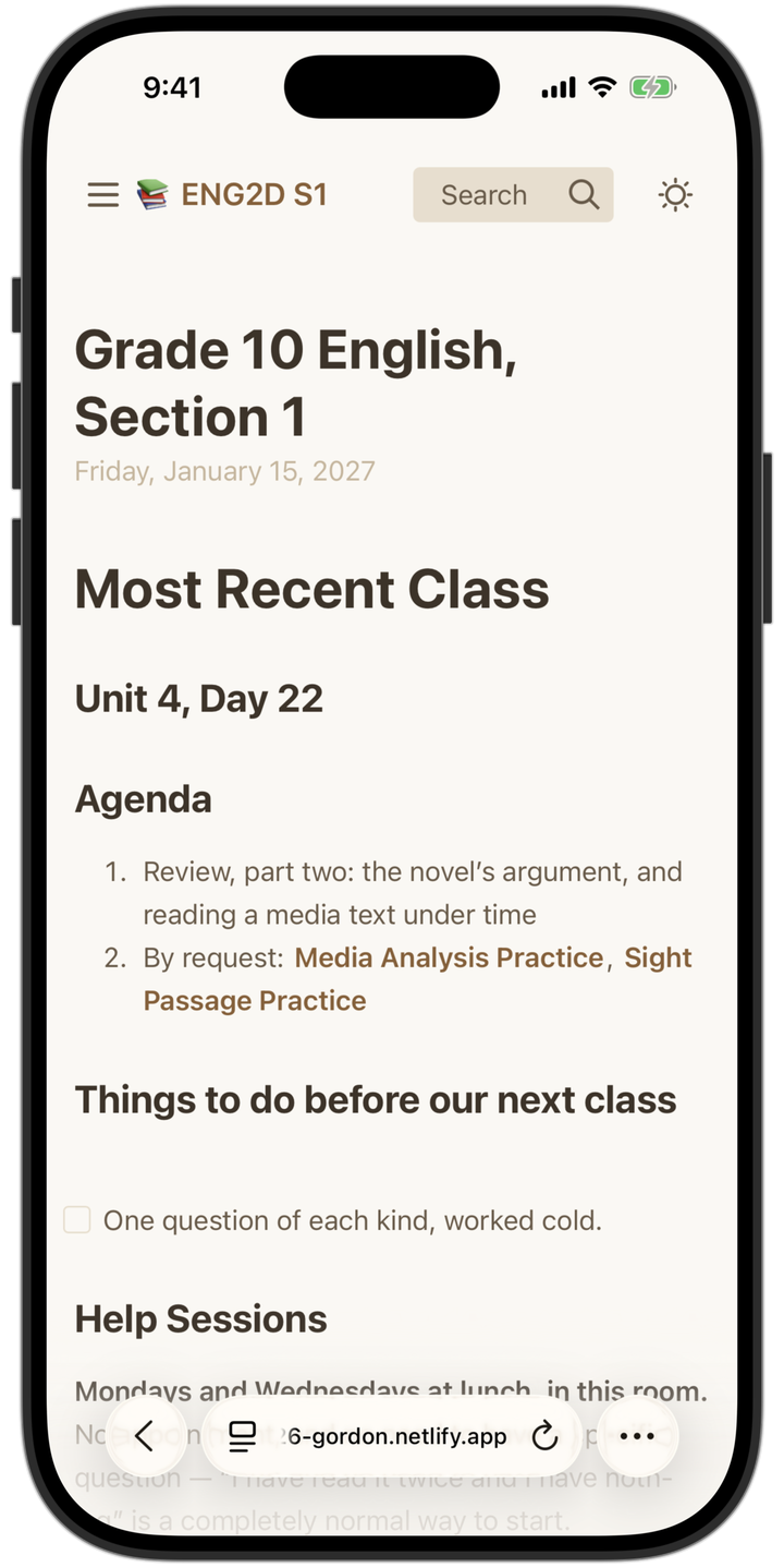 The same class website at phone width, with the navigation collapsed behind a button.
