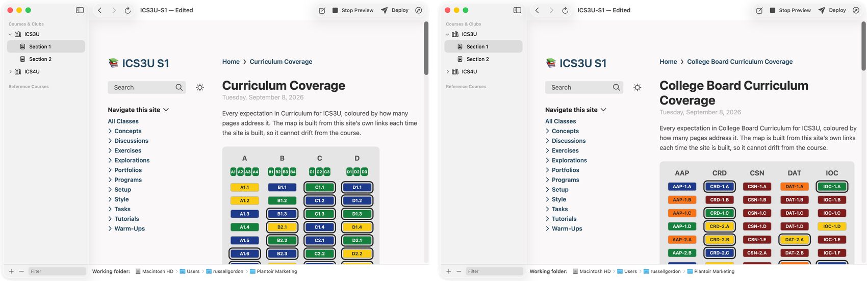 Two curriculum coverage maps for the same ICS3U section: the Ontario expectations, and the AP Computer Science Principles learning objectives, each shaded by how many pages reach it.